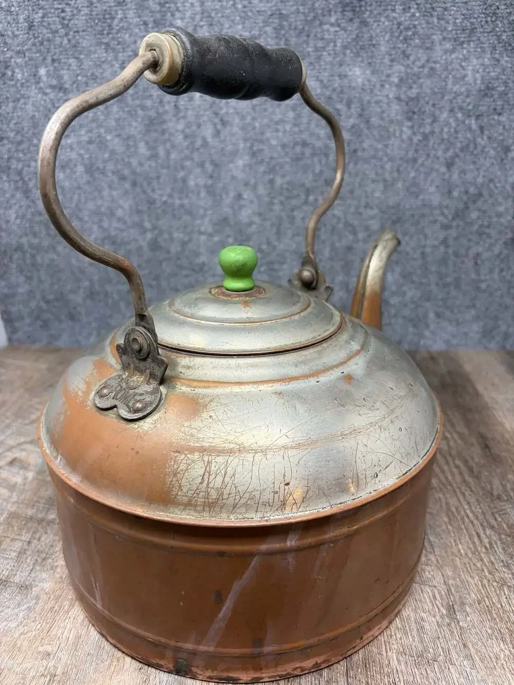 Antique Rome Copper and Nickel Plated Tea Kettle with Green Knob and Wood Handle